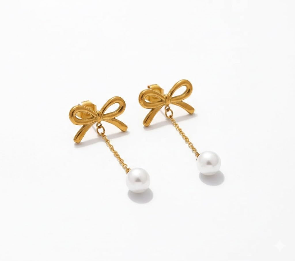 El Regalo Elegant 18K Gold Plated Stainless Steel Drop Earrings for Women & Girls | Tarnish-Free, Waterproof, Hypoallergenic Statement Fancy Western Earring Collection | Variations: Bow, Moon & Star, Starfish, Knot | For Office, Party & Gifting (Pearl Bow