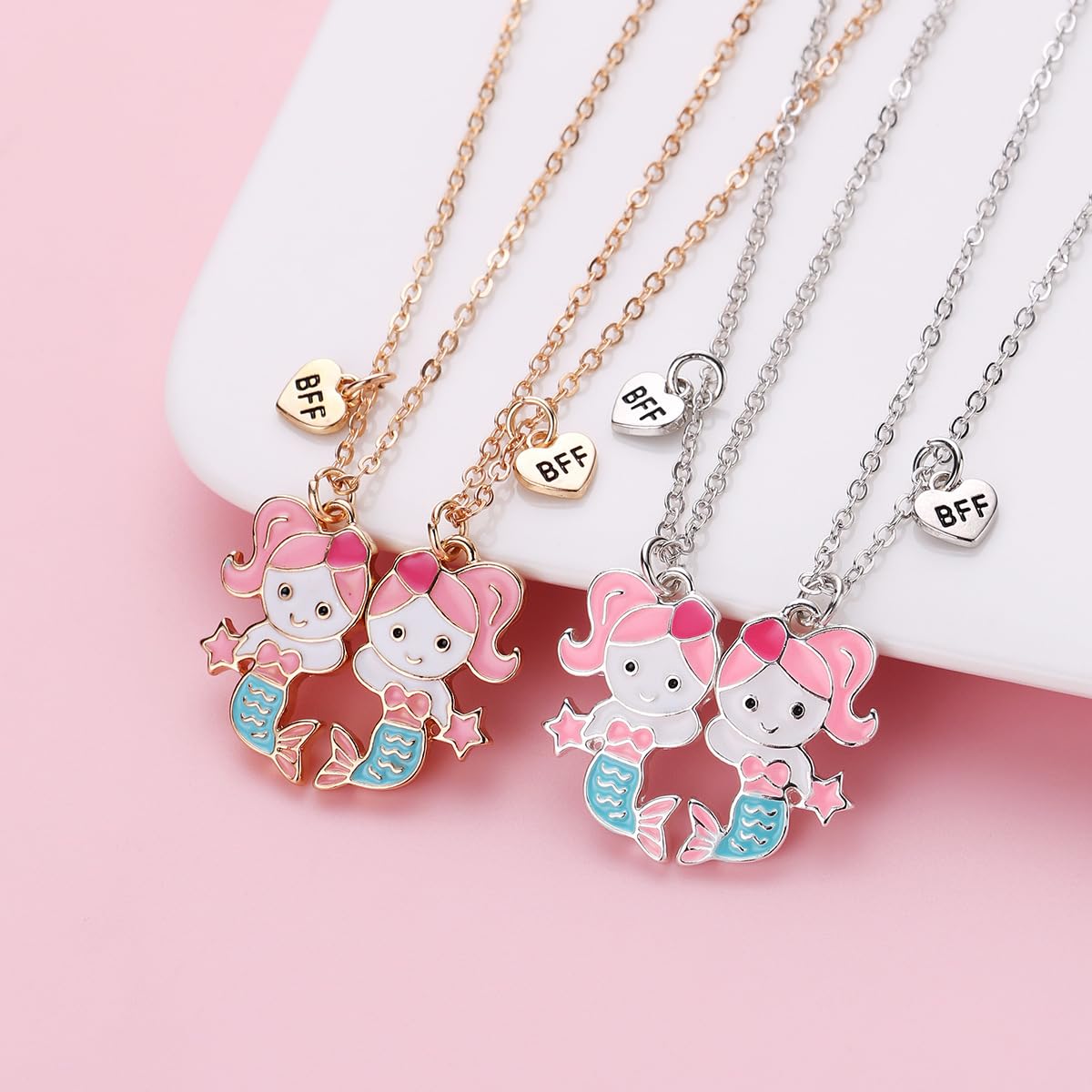 El Regalo 2 PCs BFF Best Friend Forever Mermaid Princess Split Magnetic Matching Pendant Necklaces Set- Friendship Day Gift for Girls/Kids/Teens (Silver Mermaids)