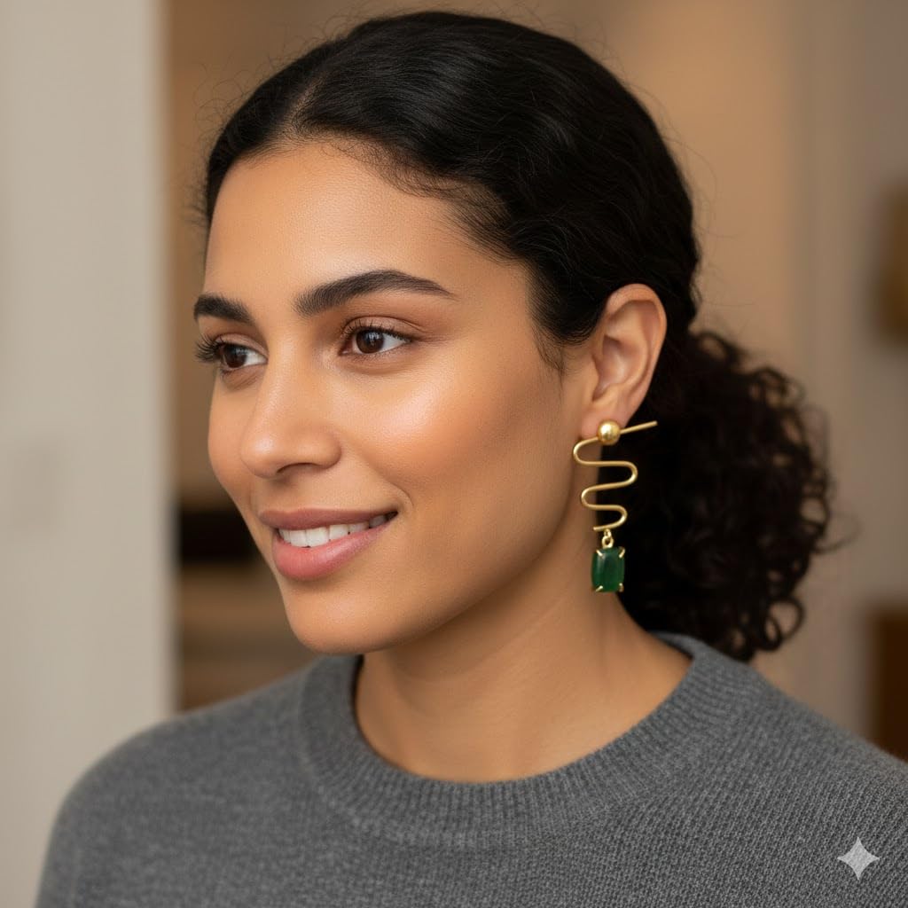 El Regalo Modern Zigzag Brass Statement Drop Earrings for Women & Girls - Contemporary Geometric Handmade Jewelry with Rectangle Stones Drops - Studs for For Western & Ethnic Wear (Emerald Green)