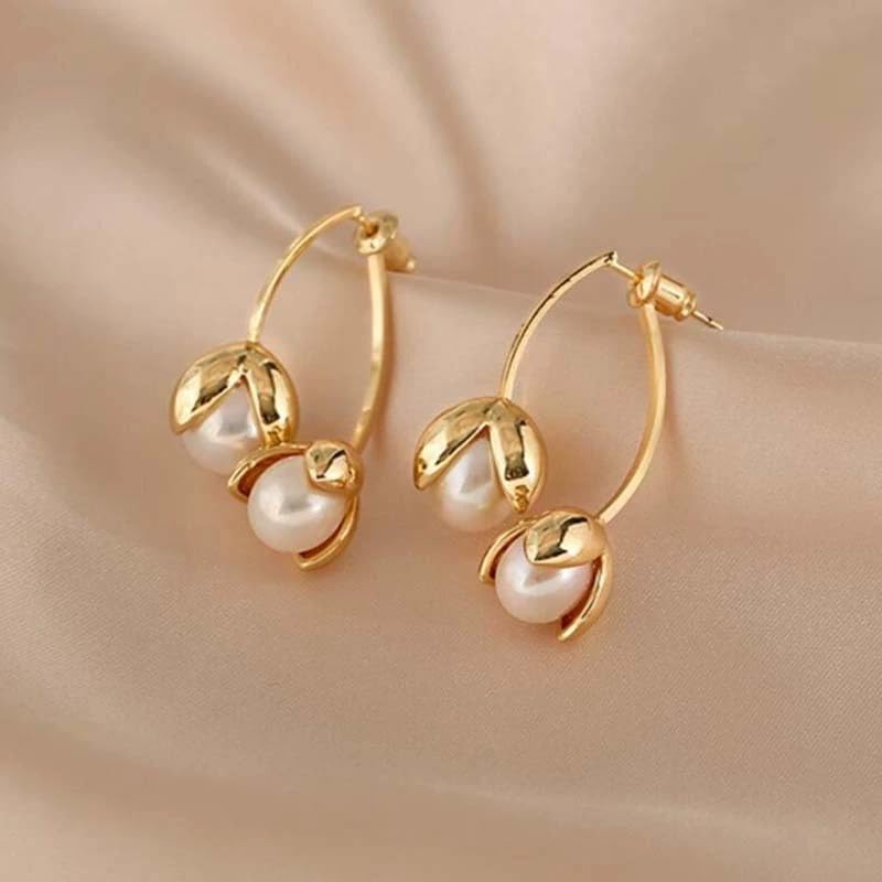 El Regalo Front Back Petals Pearls Stud Earrings- Gorgeous Gold Plated Pearl Drop Bud Earrings for Girls & Women