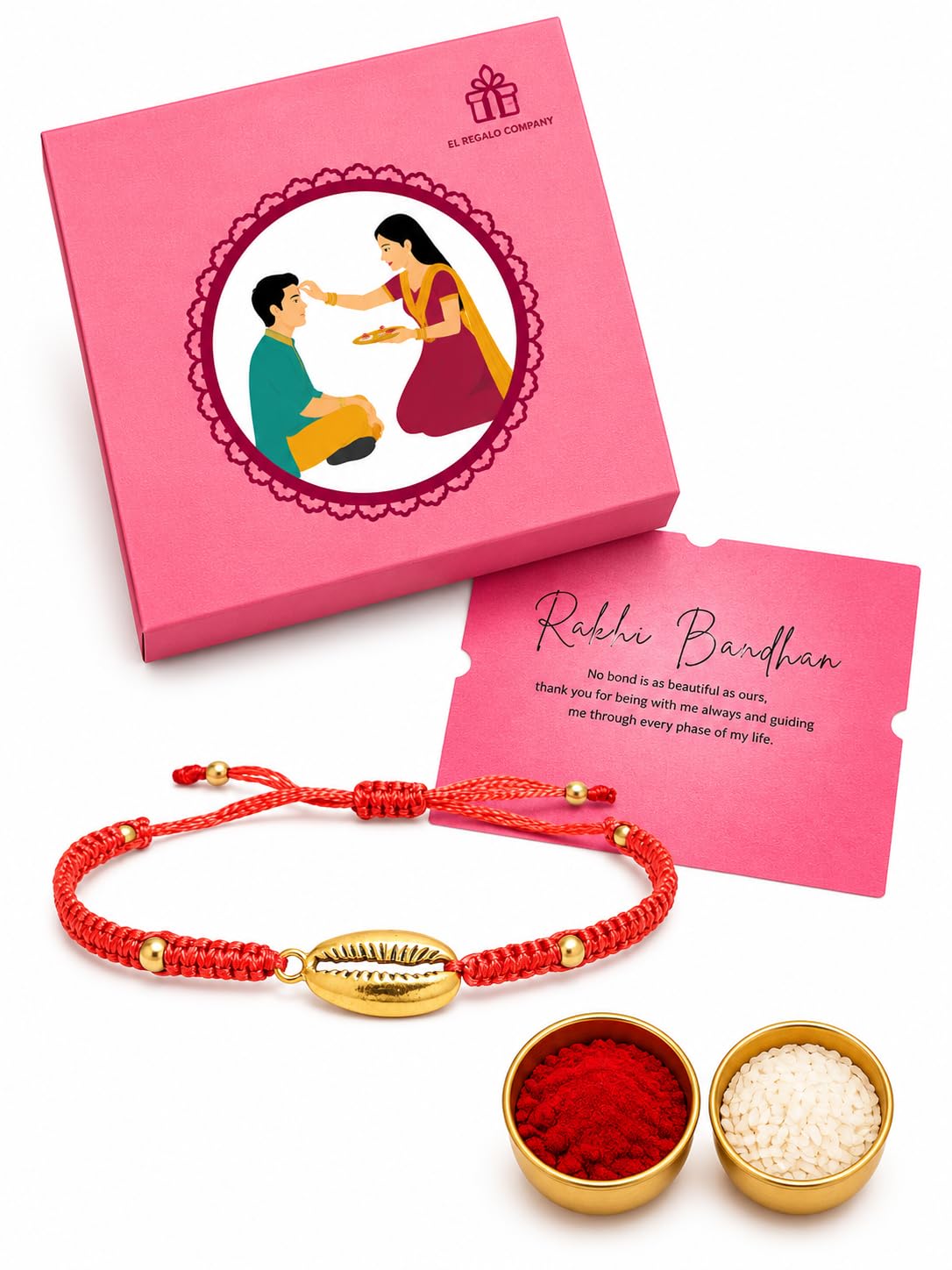 El Regalo Red Silk Thread Golden Shell Rakhi for Brother - Elegant Lucky Cowrie Shell Rakhi with Roli Chawal in Gift Box (Red Golden Shell)
