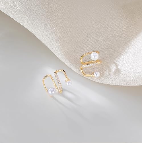 El Regalo 1 Pair Pearl Ear Cuffs Earrings for Non Piercing Ears- CZ Pearls Wrap Non Piercing Cartilage Cuffs Clip On Earrings for Girls/Women (Gold)