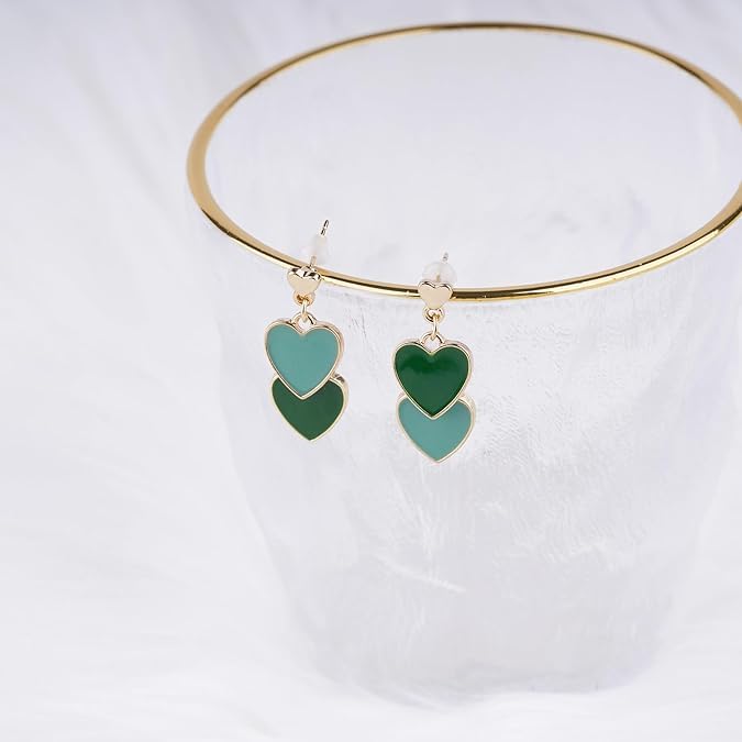 El Regalo 1 Pair Double Love Heart Drop Earrings- Valentine's Day Gift- Two Tone Oil Drop Heart Dangle Earrings for Girls & Women (MilitaryGreen+GunshipGreen)