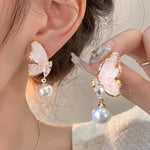 El Regalo Beautiful Gradient Butterfly Pearl Drop Crystal Earrings- Elegant Butterfly Statement Earrings for Girls & Women (Pink)