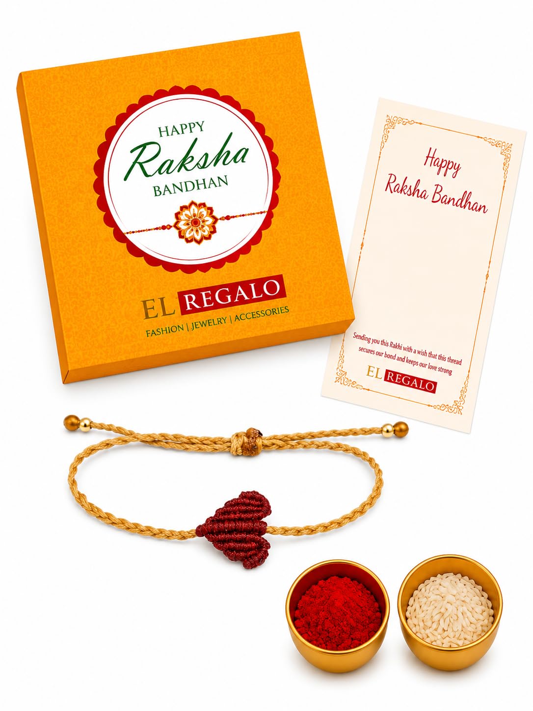 El Regalo Simple Heart Bracelet Rakhi for Brother - Handwoven Adjustable Macrame Rakhi with Roli Chawal | Minimalist Rakshabandhan Bracelet for Bhai in Elegant Rakshabandhan Box (Red-A)