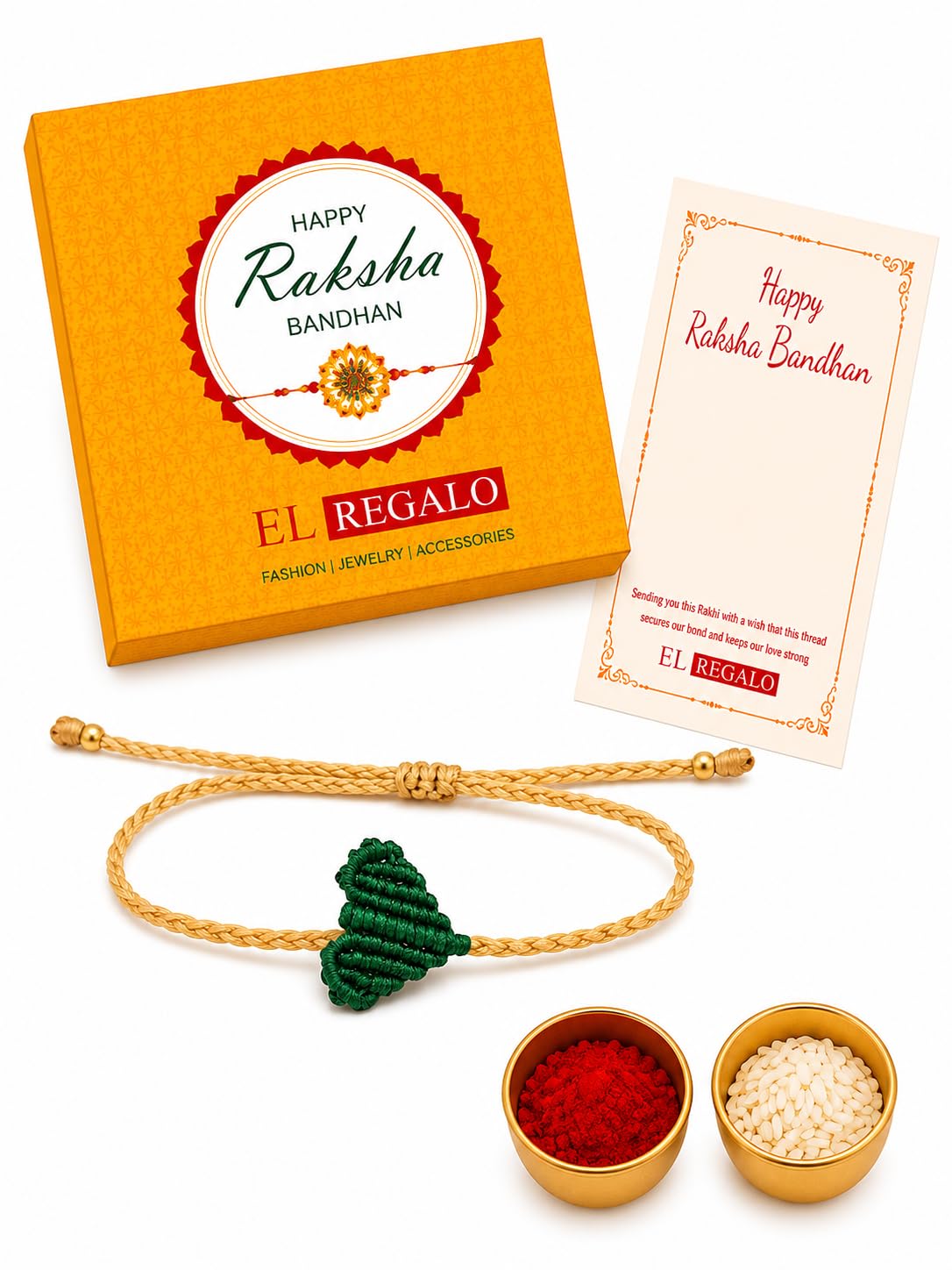 El Regalo Simple Heart Bracelet Rakhi for Brother - Handwoven Adjustable Macrame Rakhi with Roli Chawal | Minimalist Rakshabandhan Bracelet for Bhai in Elegant Rakshabandhan Box (Green)