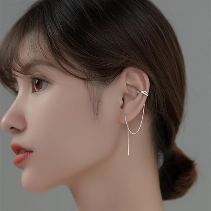 El Regalo Cubic Zirconia Cuff Chain Earrings for Women - Threader Earrings - Criss Cross & Braided Ear Cuff with Long Link Chain - Non-Piercing Cartilage Clip-on Jewelry Gift (Style-3)