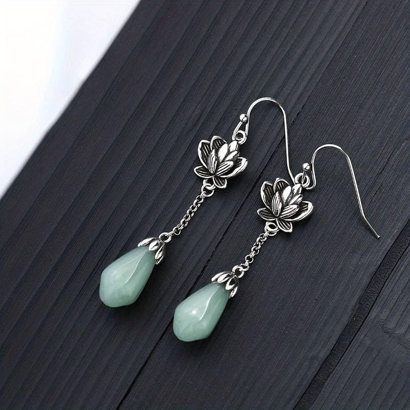 El Regalo Women's & Girl's Silvery Classical Lotus Faux Jade Tassel Earrings- Retro Ethnic Style Lotus Earrings in Antique Silver Finish