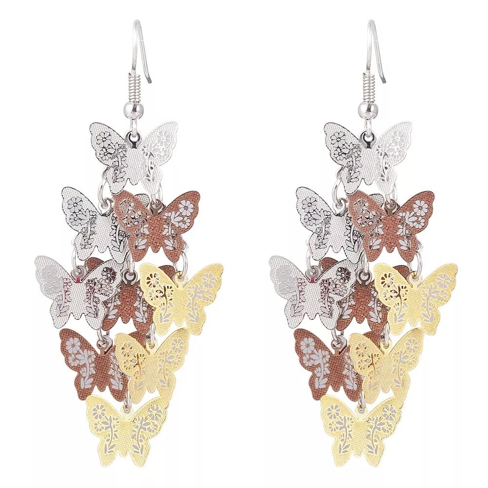 El Regalo Women's & Girl's Butterfly Earrings Mix Color Bohemia Style Long Drop Dangle Hook Earrings, Fashion Style Butterfly Earrings (Gradient Gold)