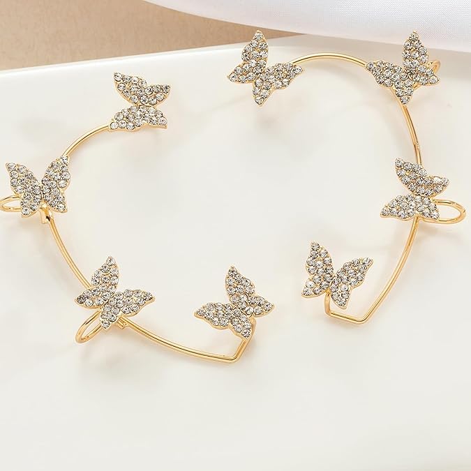 El Regalo 1 Pair CZ Butterfly Cuff Earrings for Non Pierced Ears- No Piercing Zircon Butterfly Wrap Crawler Ear Cuff Earrings For Women & Girls (Gold)