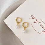 El Regalo Stainless Steel Pearl Hoop Earrings- Anti-Tarnish Small Pearl Drop Huggie Hoop Bali Earrings for Girls & Women (Golden)