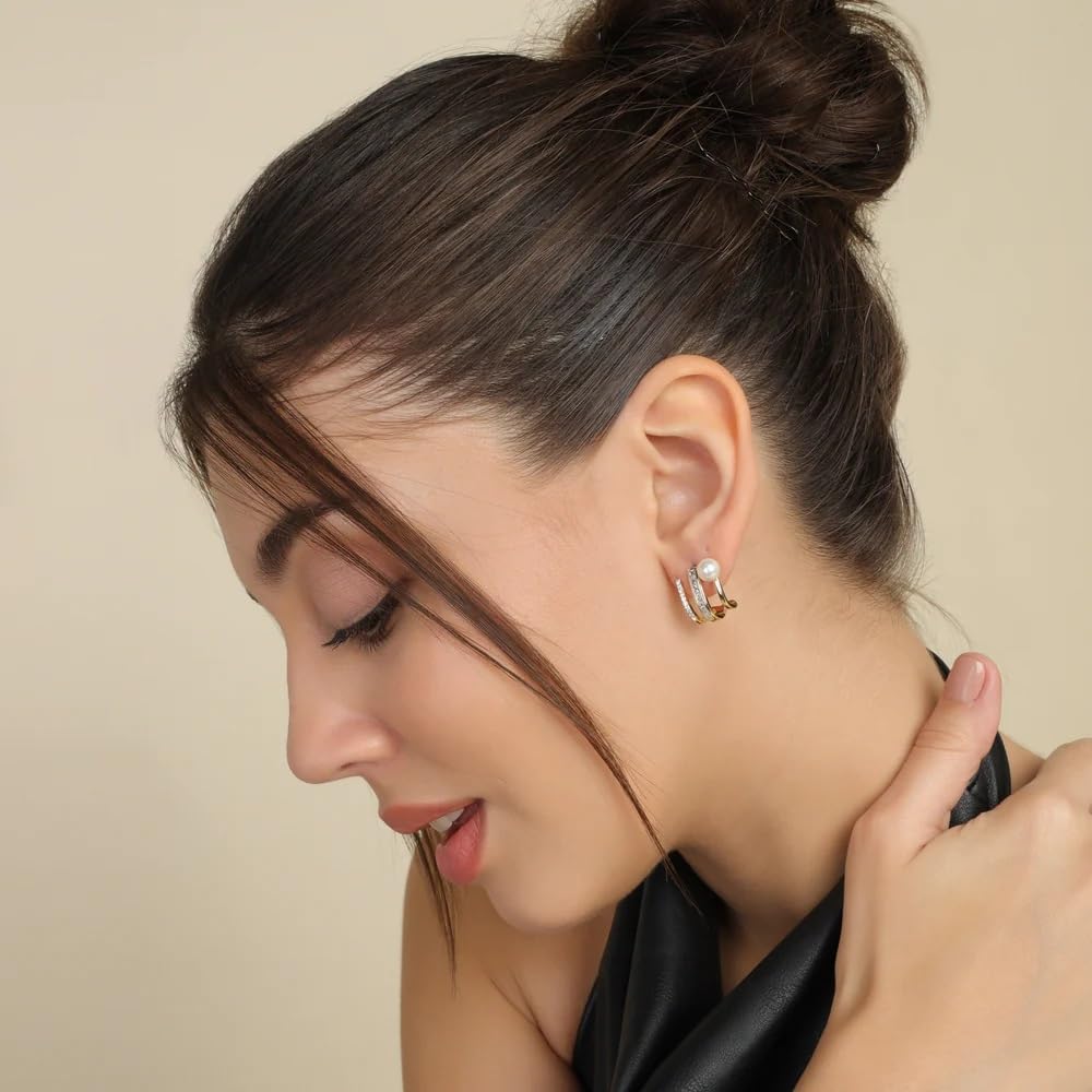 El Regalo Gold Plated Pearl Claw Ear Zircon Cuff Stud Earrings- Fancy Korean Temperament Pearl Zircon Stud Earrings for Girls/Women