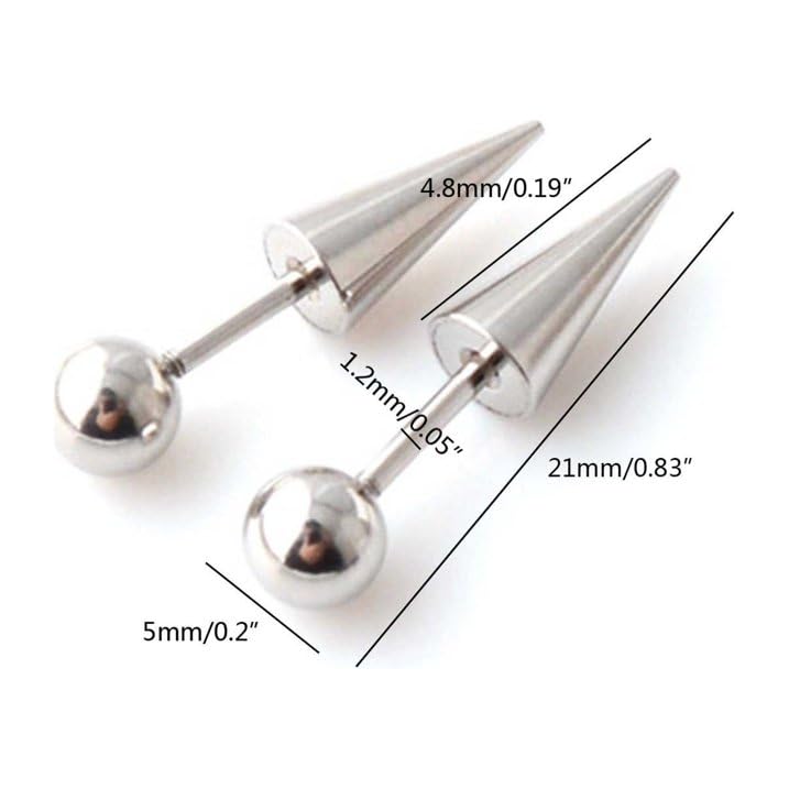 El Regalo 1 Pair Surgical Stainless Steel Spike Unisex Stud Earrings- Septum Lip Rings Cartilage Tragus Helix Piercing for Women Men (Silver)