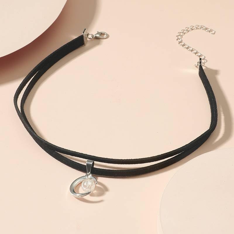 El Regalo Gothic Punk Crescent Moon with Bead Choker Necklace for Girls & Women- Hippie Double Layers Suede Crescent Moon Choker