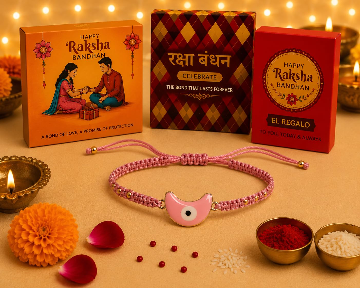 El Regalo Evil Eye Bracelet Rakhi for Brother with Roli Chawal in Gift Box (Moon Evil Eye-Pink)