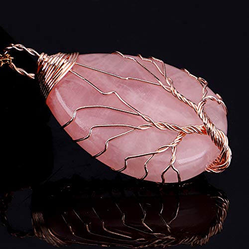 El Regalo Tree of Life Wire Wrapped Drop Natural Stones Healing Crystal Chakra Pendant Necklace - Unique Handcrafted Gemstones Pendant Necklaces (Rose Quartz) For Unisex Adult