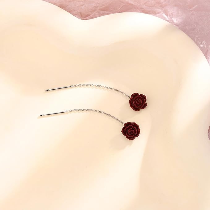 El Regalo Minimalist Flower Threader Earrings for Women & Girls | Cute Tiny Floral Chain Drop Earrings | Modern Style Dainty Long Tassel Earrings (Red Rose)