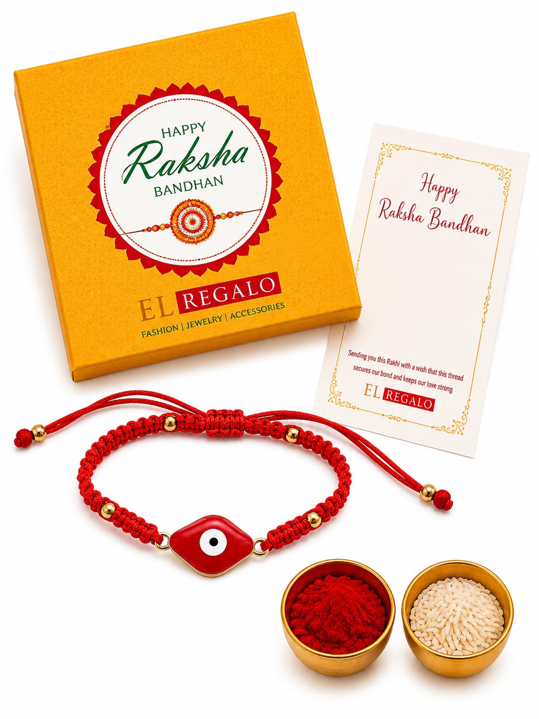 El Regalo Evil Eye Bracelet Rakhi for Brother with Roli Chawal in Gift Box (Red -A)