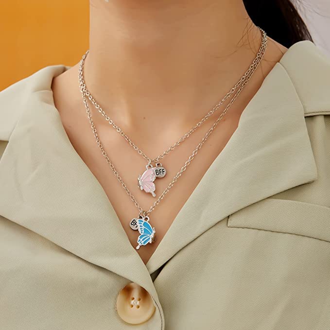 El Regalo Cute BFF Necklaces for 2, Enamel Butterfly Friendship Necklace for Teen Girls Women - Gift for Best Friends/Besties/Sisters (Silver)