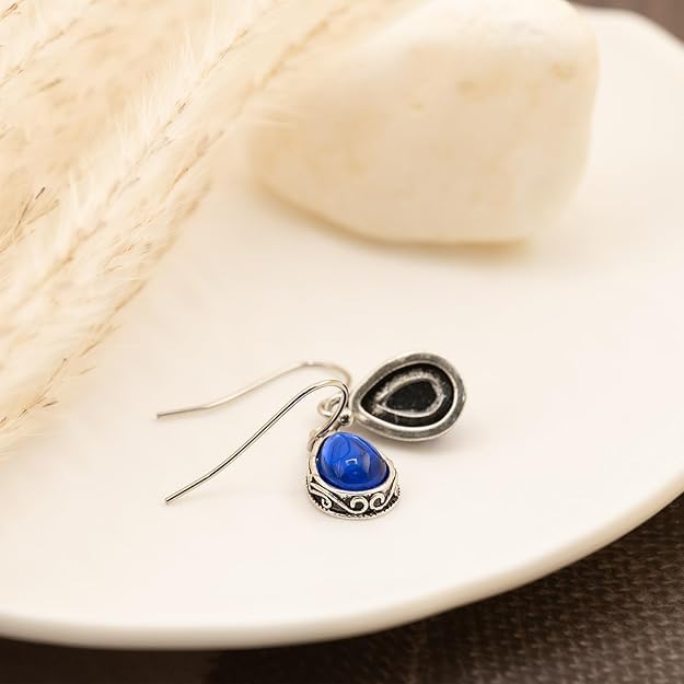 El Regalo Small Vintage Teardrop Earrings for Girls & Women- Elegant Filigree Carved Boho Dangle Earrings, Cut Stone Drop Earrings, Jewelry Gift (Blue)