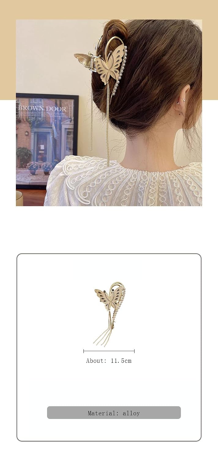 El Regalo Butterfly Pearl Hair Claw Clips for Girls/Women, Large Non-Slip Enameled Metal Butterfly Hair Clips Sparkly Hold Hair Jaw Clips Cute Hair Claws Big Butterfly Clips Bridal Hair Clips