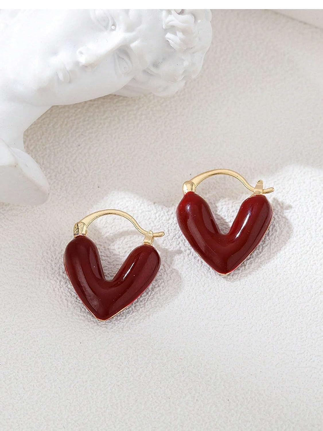 El Regalo 1Pair Love Heart Hoop Earrings- Small Oil Dripping Gold Plated Heart Earrings for Girls & Women Hoop (Dark Red)