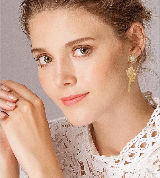 El Regalo Big & Bold Bohemian Pearl Shell Statement Earrings- Pearl Conch Shaped Beach Earrings, Lightweight & Exquisite (Off-White)