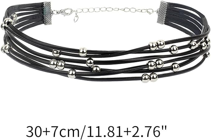 El Regalo Bohemia Layered Choker Necklace- Gothic Black Suede Leather Collar Choker with Silver Beads Multilayer Necklace for Women & Girls