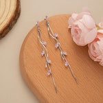 El Regalo Long Copper Zirconia Rhinestone Leaf Drop Dangle Earrings for Women | Korean Style Vine Fringe Earrings | Classy Party, Wedding & Casual Earrings Jewelry (Pink Silver)