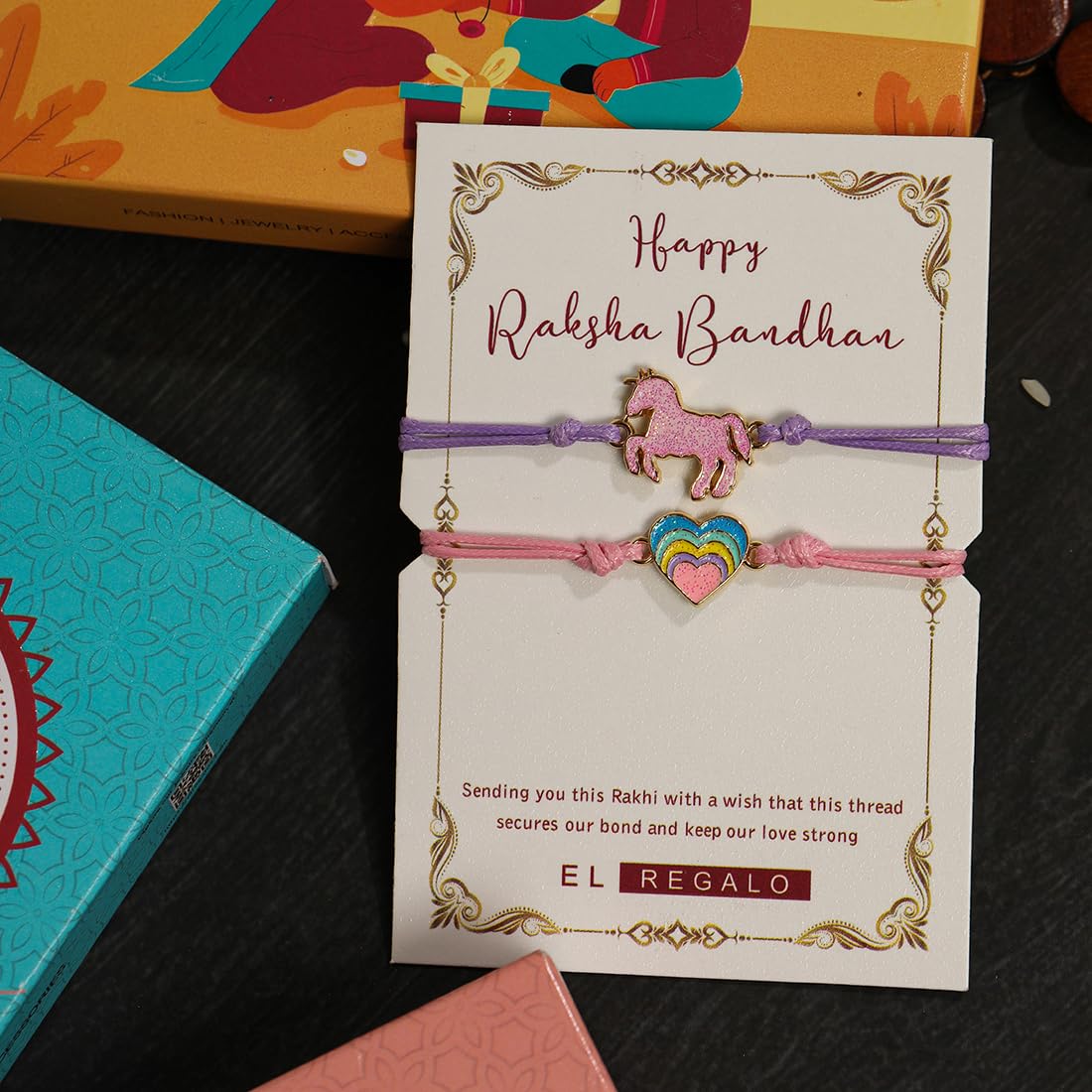 El Regalo 2PCs Cute Kids Bracelet Rakhi Combo Sets- Fancy Kids Rakhi for Brother/Sister with Roli Chwal, Rakhi Message Card in Rakhi Box for Babies/Toddlers/Kids (Unicorn & Heart Rakhi)