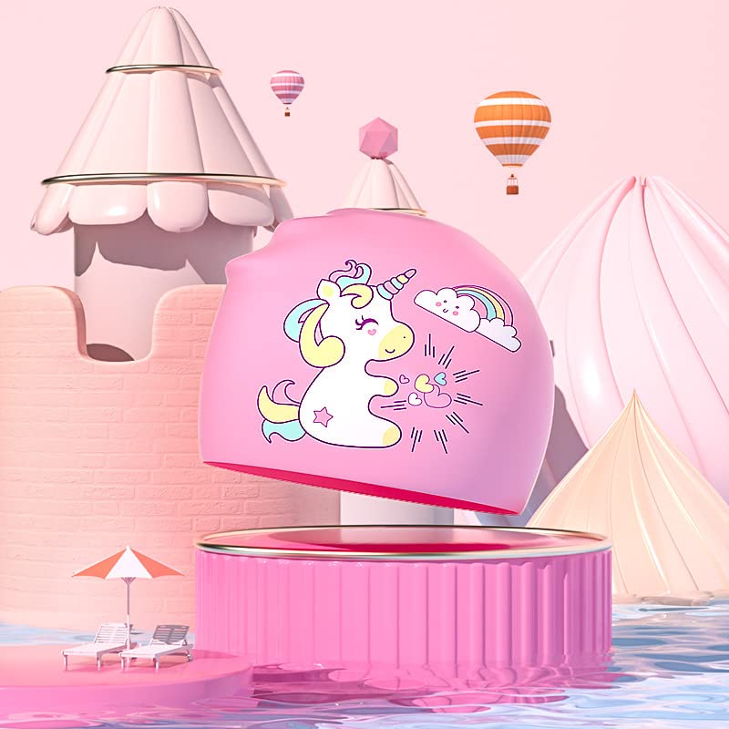 El Regalo 2 PCs Kids Swimming Caps Set- Silicone Swimming Hat for Girls Boys Waterproof Bathing Caps for Long & Short Hair with Unicorn, Astronaut, Heart, Fairy Mermaid (Unicorn & Astronaut)