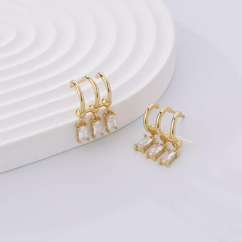 El Regalo Women's & Girl's Western Triple Ear Crawler Earrings- Triple Dangling Baguette Stone Earring- Exquisite Zircon Multilayer Earrings (Golden White)