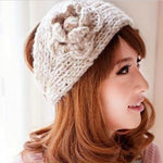 El Regalo's 1PC Winter Crochet Knitted Headwrap Headband with 3D flower & Button for Girls & Women- Ear Warmer Hair Muffs Band | Winter Designer Headbands for Teens & Women (White)