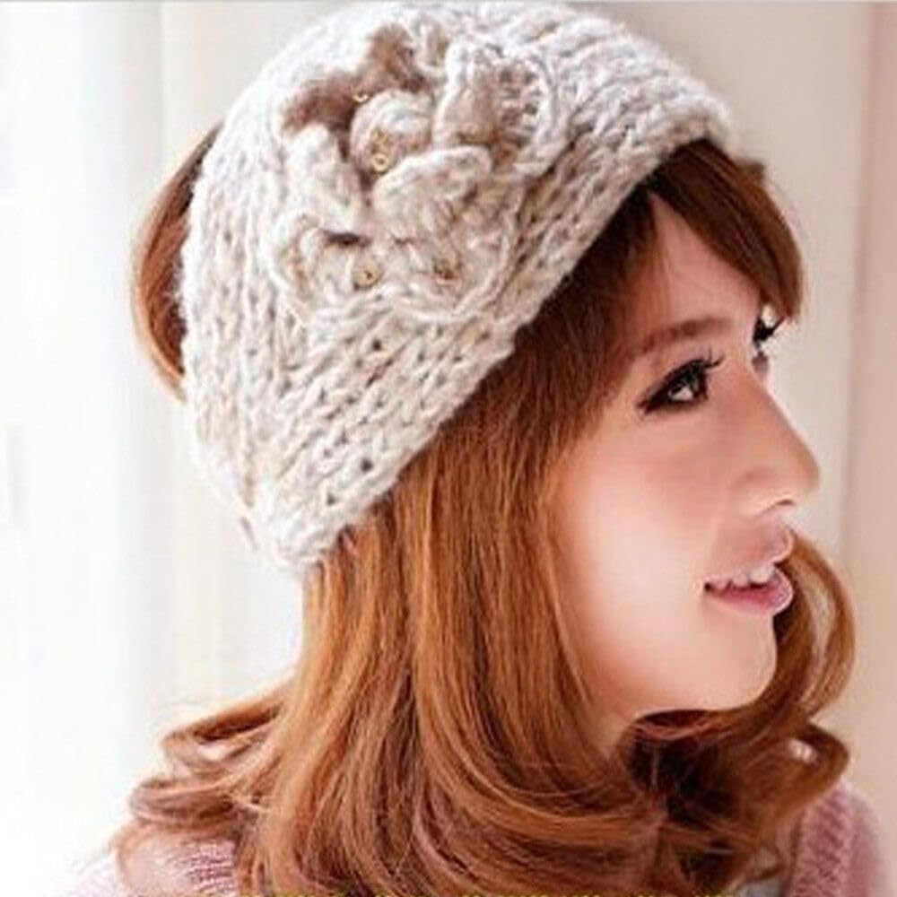 El Regalo's 1PC Winter Crochet Knitted Headwrap Headband with 3D flower & Button for Girls & Women- Ear Warmer Hair Muffs Band | Winter Designer Headbands for Teens & Women (White)