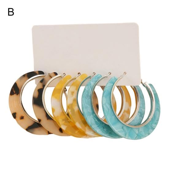 El Regalo 3 Pairs Acrylic Hoop Earrings for Women & Girls - Lightweight Colorful Resin Hoops Set - Boho Fashion Jewelry for Western & Casual Wear - Pack of 3 (Geometric C-Shape) (Option-1)