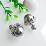 El Regalo Beautiful Double Sided Pearl Earrings for Women - Elegant Crown Rhinestone Front Back Studs | Korean Style Moti Earrings (Silver Grey)
