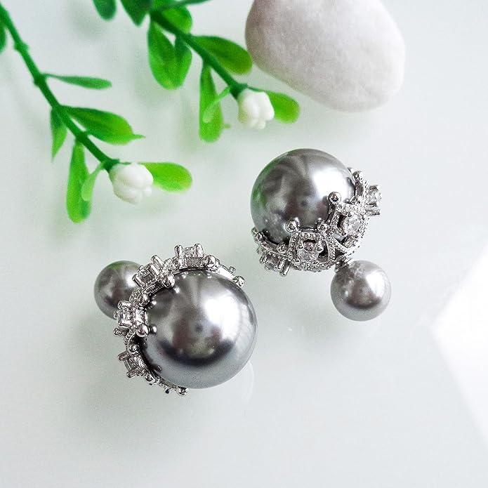 El Regalo Beautiful Double Sided Pearl Earrings for Women - Elegant Crown Rhinestone Front Back Studs | Korean Style Moti Earrings (Silver Grey)