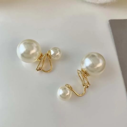 El Regalo Gold Plated Double Pearl Clip On Earrings for Women | Non Pierced Front Back Ear Cuffs | Vintage Geometric Dangle Ear Clips | Elegant Party Jewelry for Girls & Women