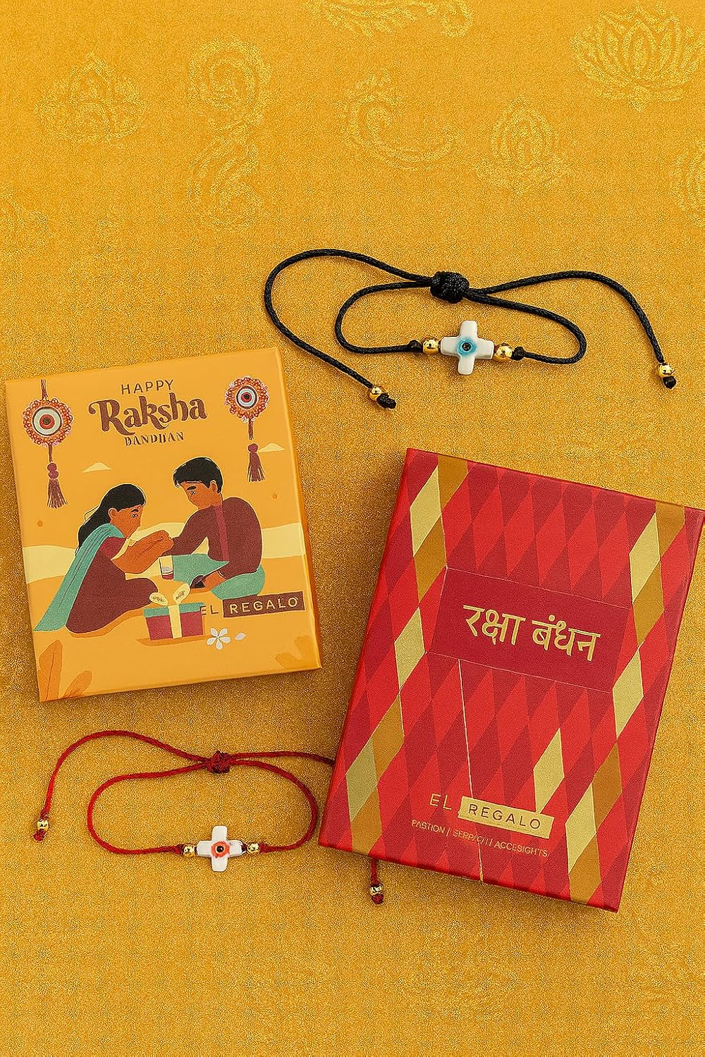 El Regalo 2PCs Evil Eye Minimalist Rakhi Combo Set for Brothers/Bhai-Bhatija with Roli Chanwal, Rakhi Message Card in Rakshabandhan Box