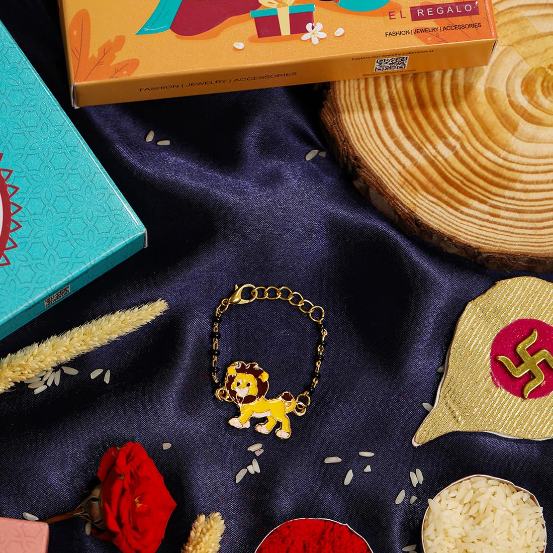 El Regalo Kids Nazaria Rakhi for Little Brother - Cute Chrams Nazaria Rakhis for Babies/Toddlers with shagun, Rakhi Message Card in Rakhi Gift Box (Lion)