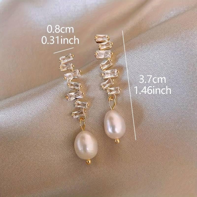 El Regalo Fancy Pearl Earrings- Pearl Zircon Inlaid Dangle Earrings for Girls & Women- Pearl Tassel Long Earrings (Zircon Pearl Studs)
