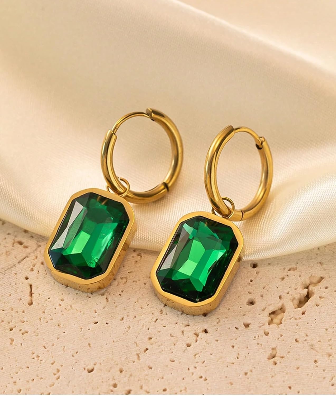 El Regalo Stainless Steel Rectangular Cut Rhinestone Hoop Earrings - Elegant 18K Gold Plated Waterproof Vintage-Inspired Cubic Zirconia Huggie Hoops for Women (Golden Yellow)
