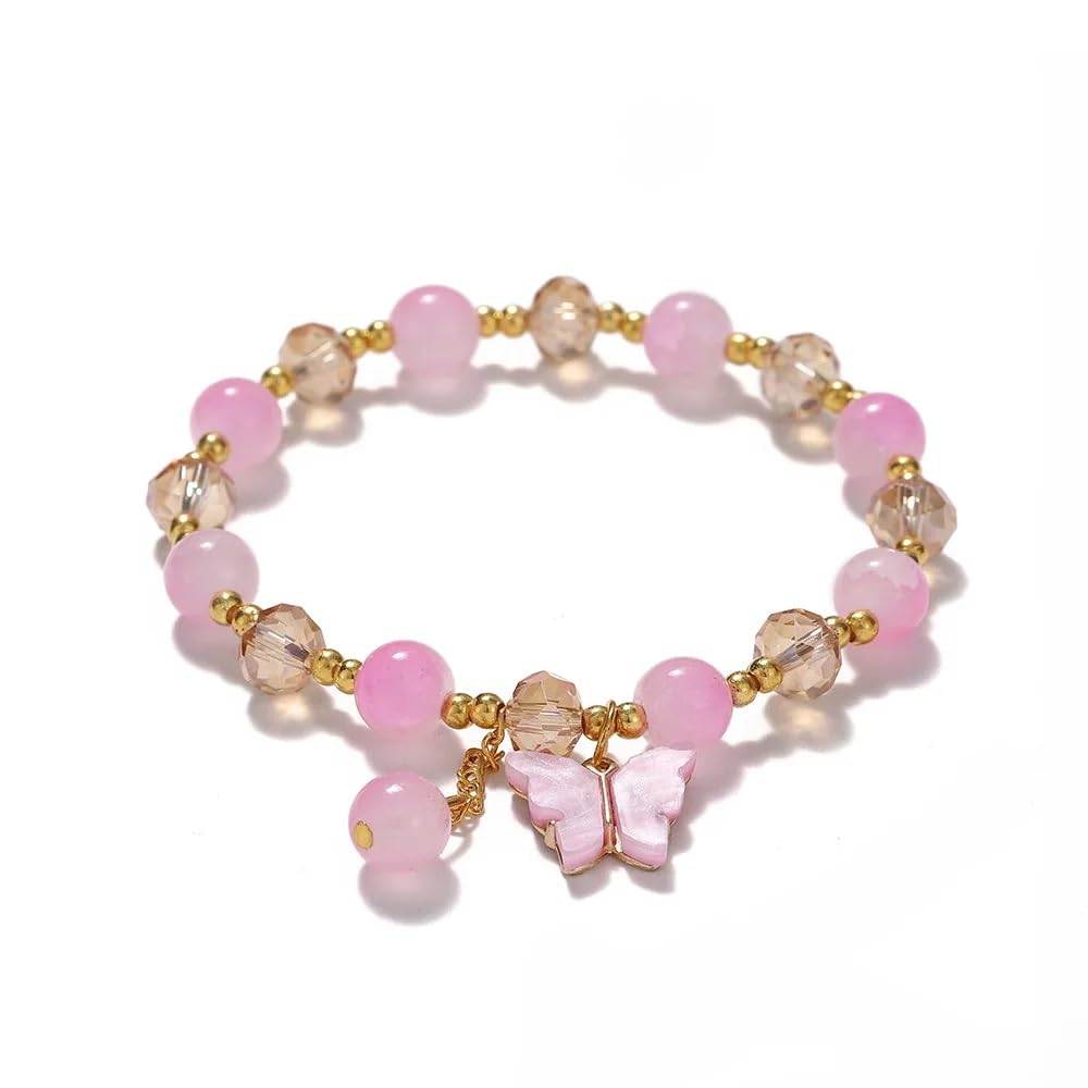 El Regalo 2 PCs Butterfly Crystal Beads Tassel Bracelet With Cute Enamel Butterfly Charms for Girls/Teens/Women (Color Option-3)