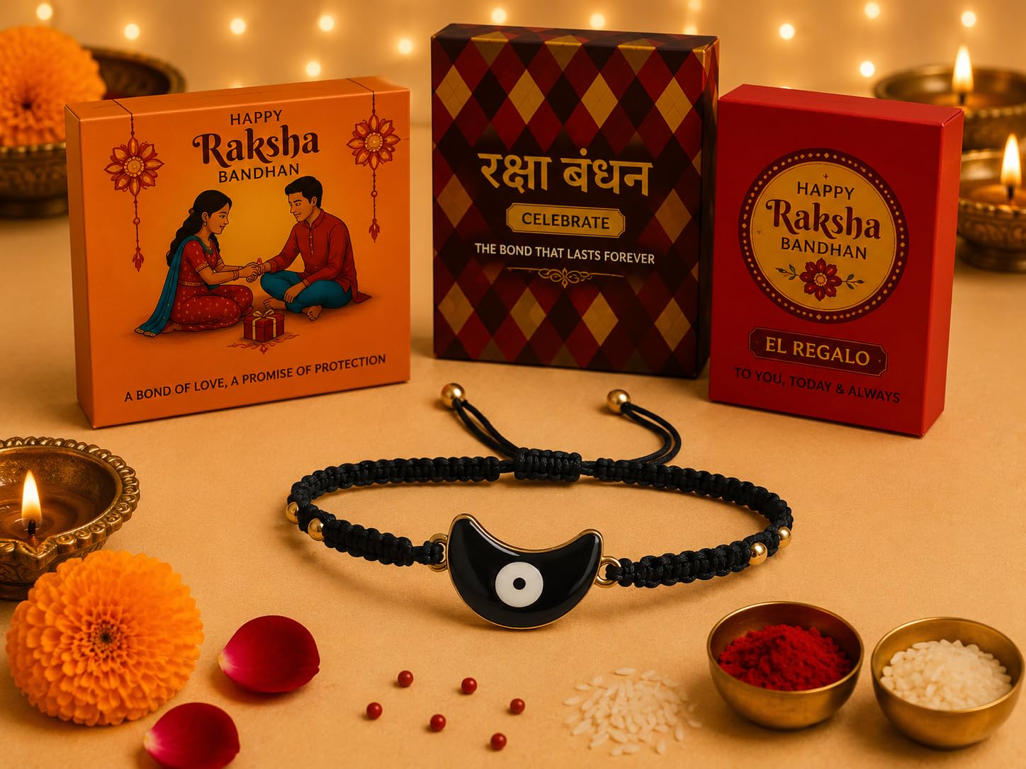 El Regalo Crescent Moon Evil Eye Bracelet Rakhi for Brother with Roli Chawal in Gift Box (Moon Evil Eye- Black)