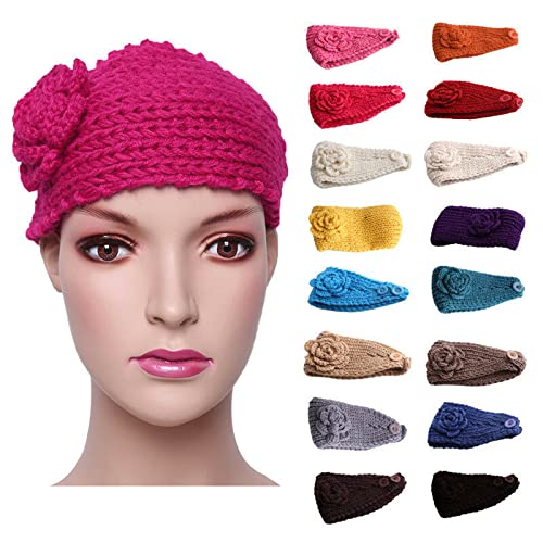 El Regalo 2 PCs Knitted Flower Warm Winter Woolen Headband with Buttons for Face Mask Cover | Cold Weather Hair Accessories Head Wrap | Winter Headbands for Girls & Women (Pack of 2) (Red & Black)