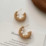 El Regalo Luxury Pearl & Zircon C Half Hoop Earrings for Women - 14K Gold Plated Pave Crystal Studs | Elegant Party Jewellery | Ideal Gift for Anniversary, Wedding & Birthdays (Gold)