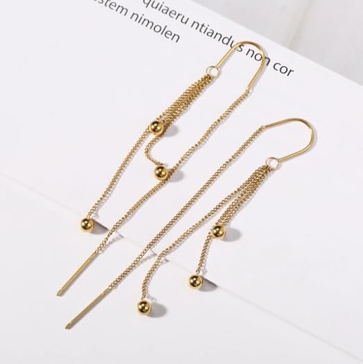El Regalo Modern Sui Dhaga Threader Earrings for Women - Minimalist Long Pull Through Chain Earrings - Light Dangle Needle Threaders for Multiple Piercings, Sensitive Ears (Triple Bead Drip)