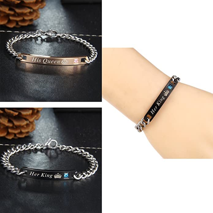 El Regalo Stainless Steel His and Hers Lovers Matching His Queen Her King Couple Bracelet for Women Men Girls Boys Jewelry Set Valentines Day Birthday Gift