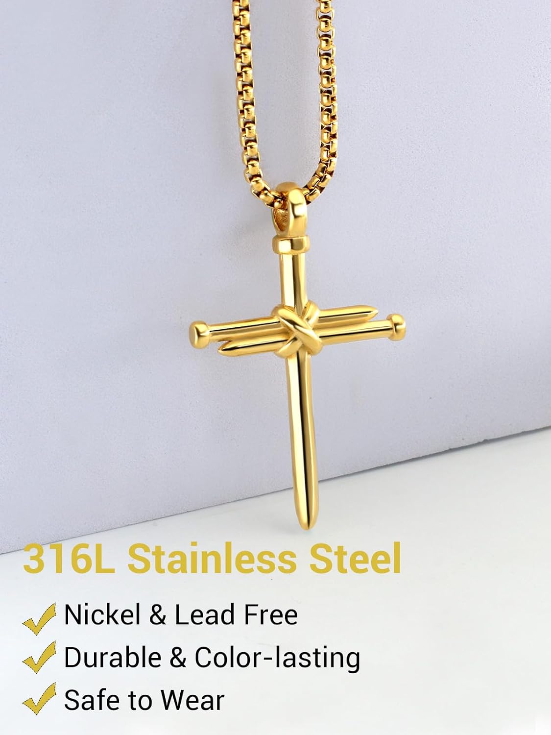 PIYIZ Nail Cross Necklace Stainless Steel Box Chain 22 Inch Cross Pendant Necklaces for Men Women, Silver Black Gold Color, Medium, Stainless Steel, No Gemstone