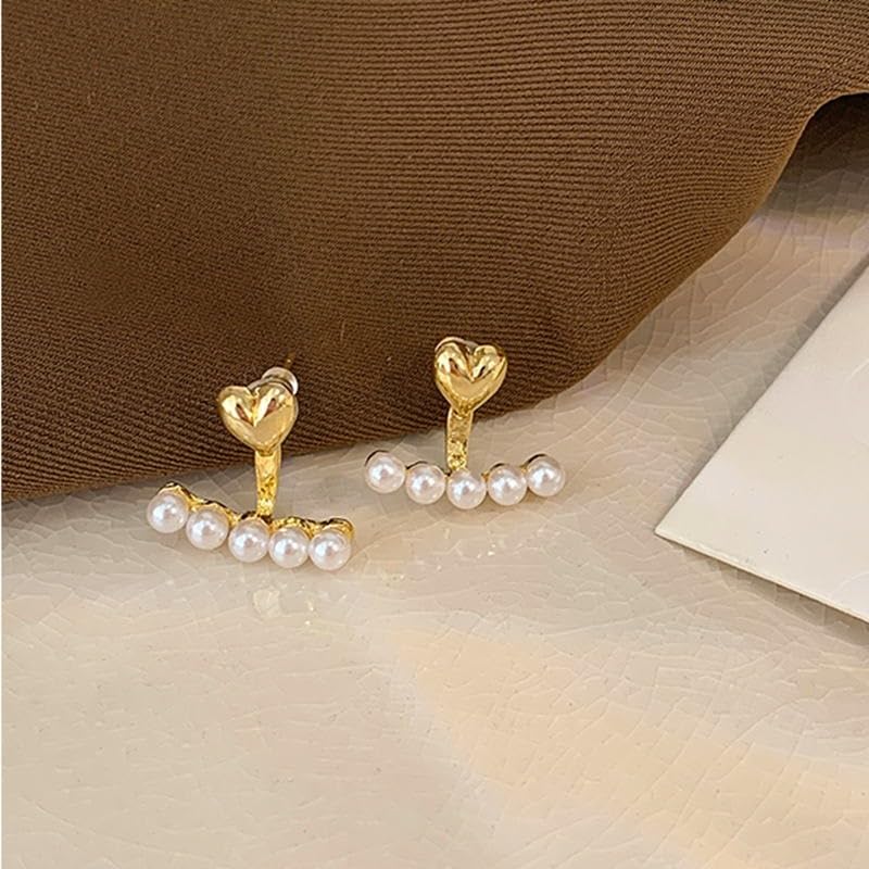 El Regalo Pearls Heart Jacket Earring for Girls & Women | Korean Pearl Dual Purpose Love Heart Gold Color Earrings